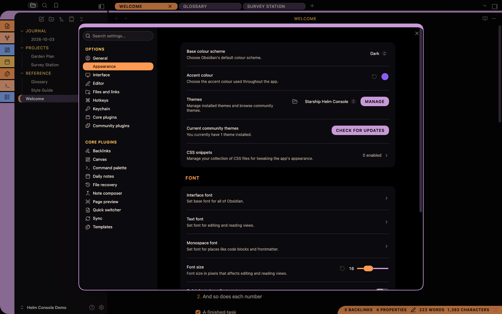 Settings in dark mode