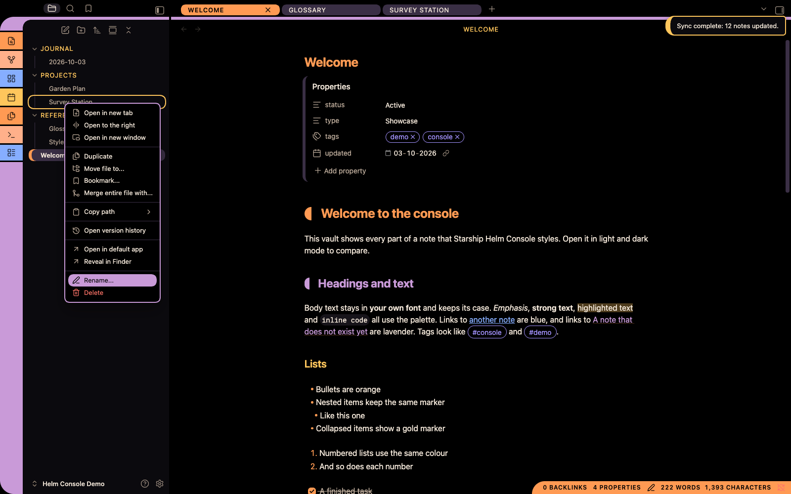 Context menu and notice in dark mode