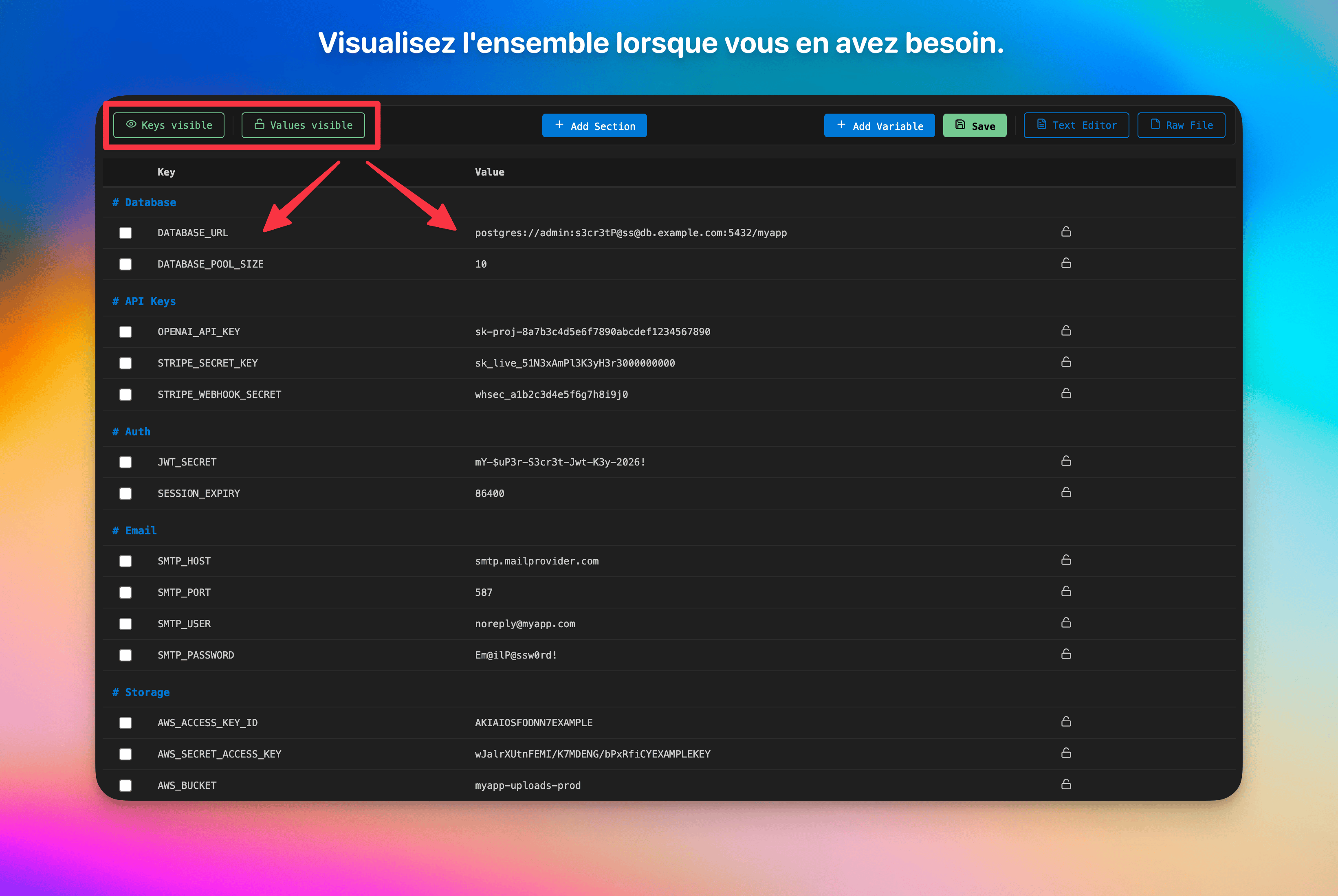 Keys and values visible