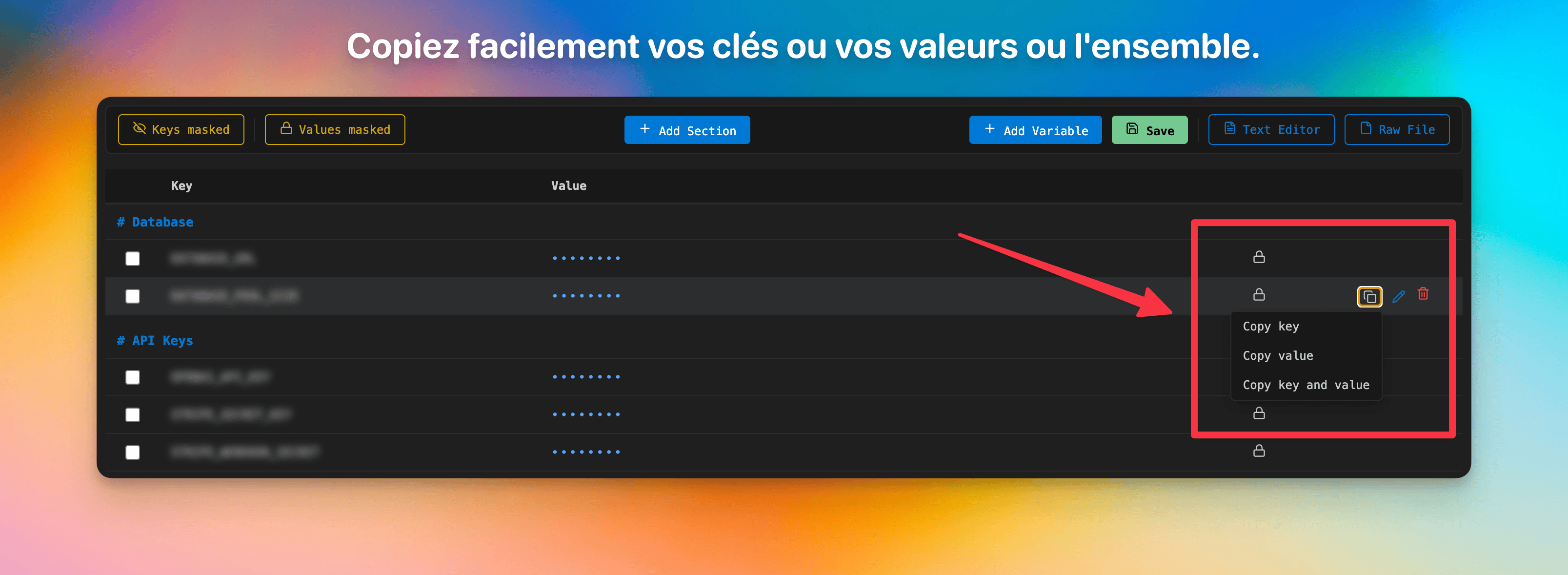 Copy dropdown — key, value, or both