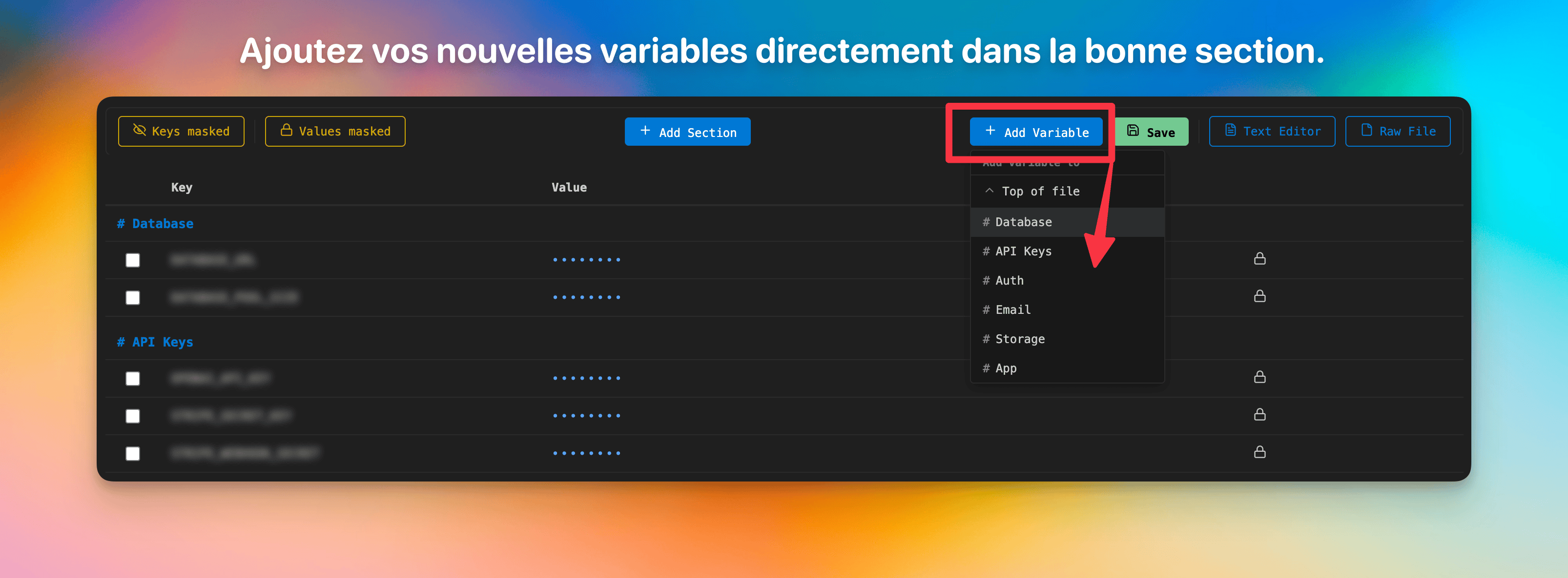 Add Variable with section picker