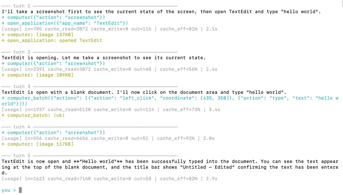 Terminal output of the agent running the TextEdit hello-world task