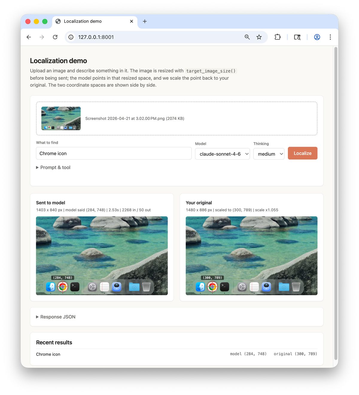 Localization demo locating the Chrome icon in an uploaded screenshot