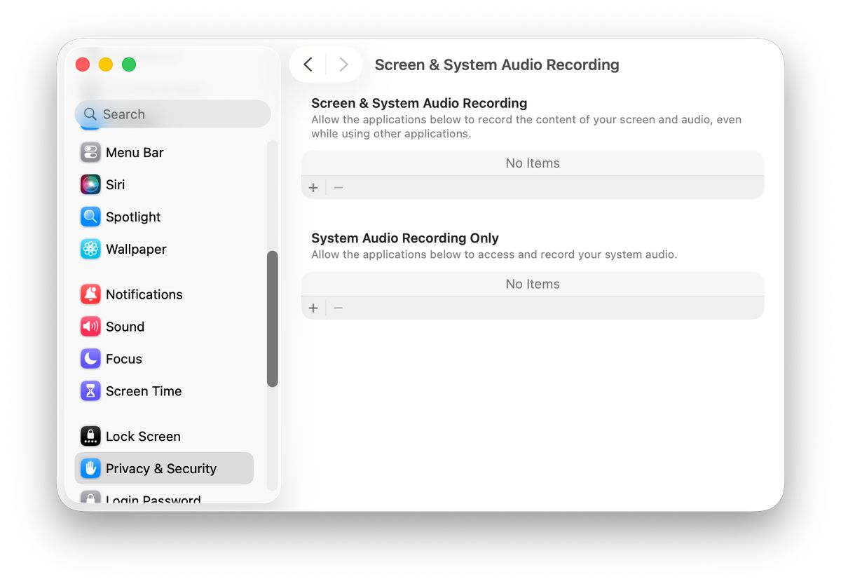 Screen & System Audio Recording pane in System Settings