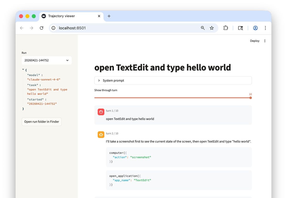 Trajectory viewer rendering the hello-world run