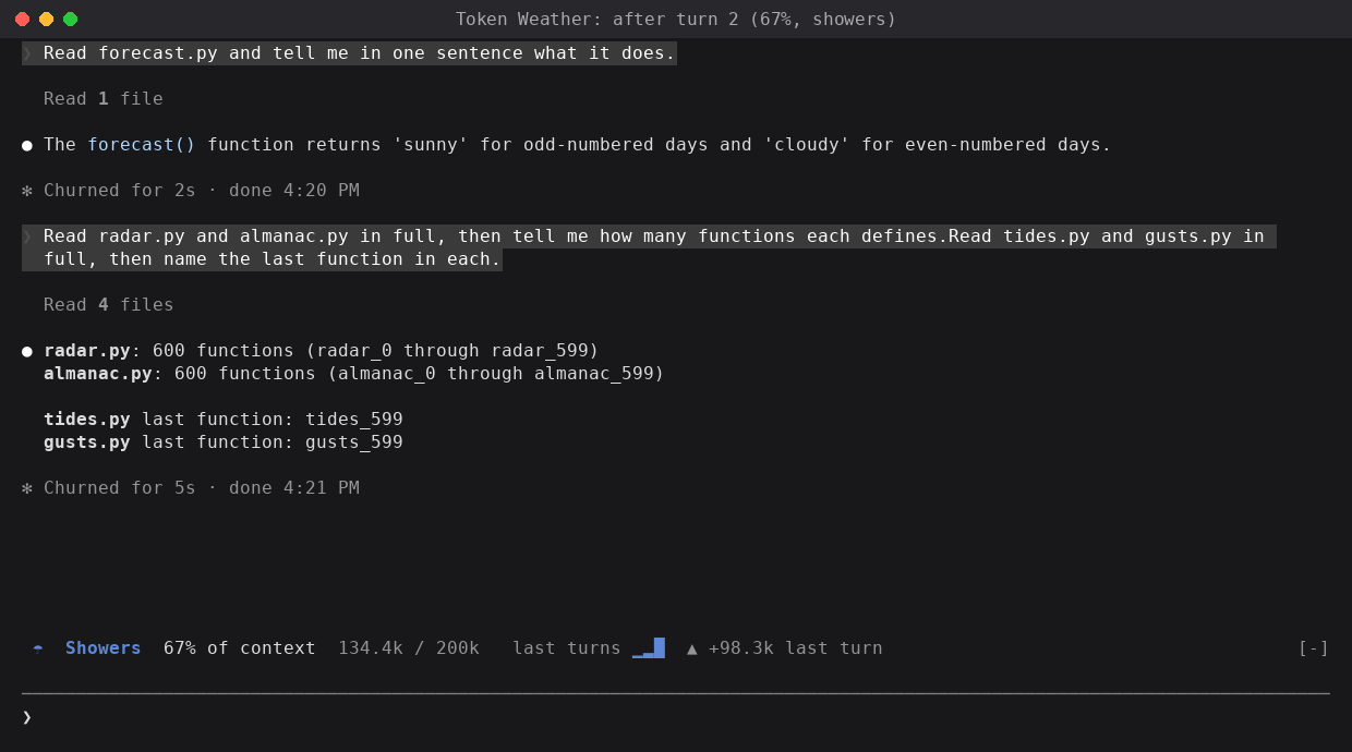 Token Weather reading Showers at 67% of context