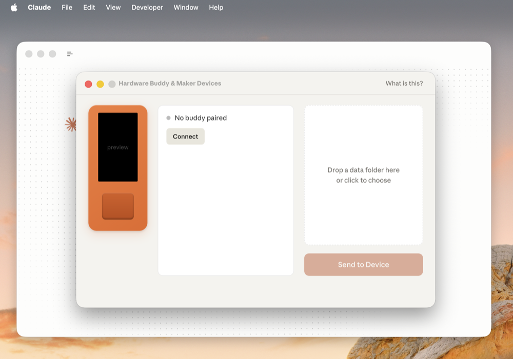Hardware Buddy window with Connect button and folder drop target