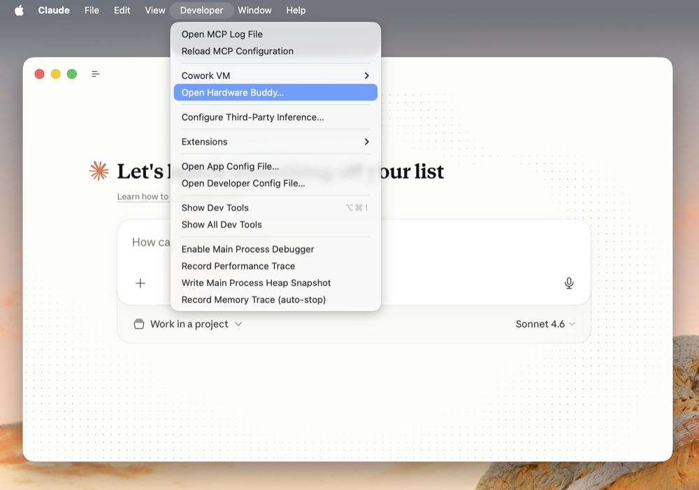 Developer → Open Hardware Buddy… menu item