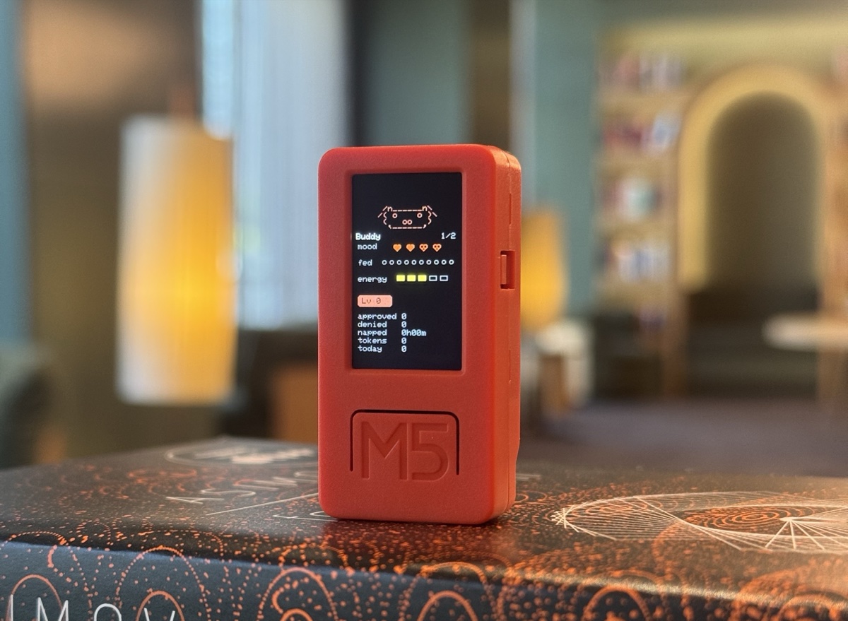 Claude Desktop Buddy hardware running on an M5StickC Plus