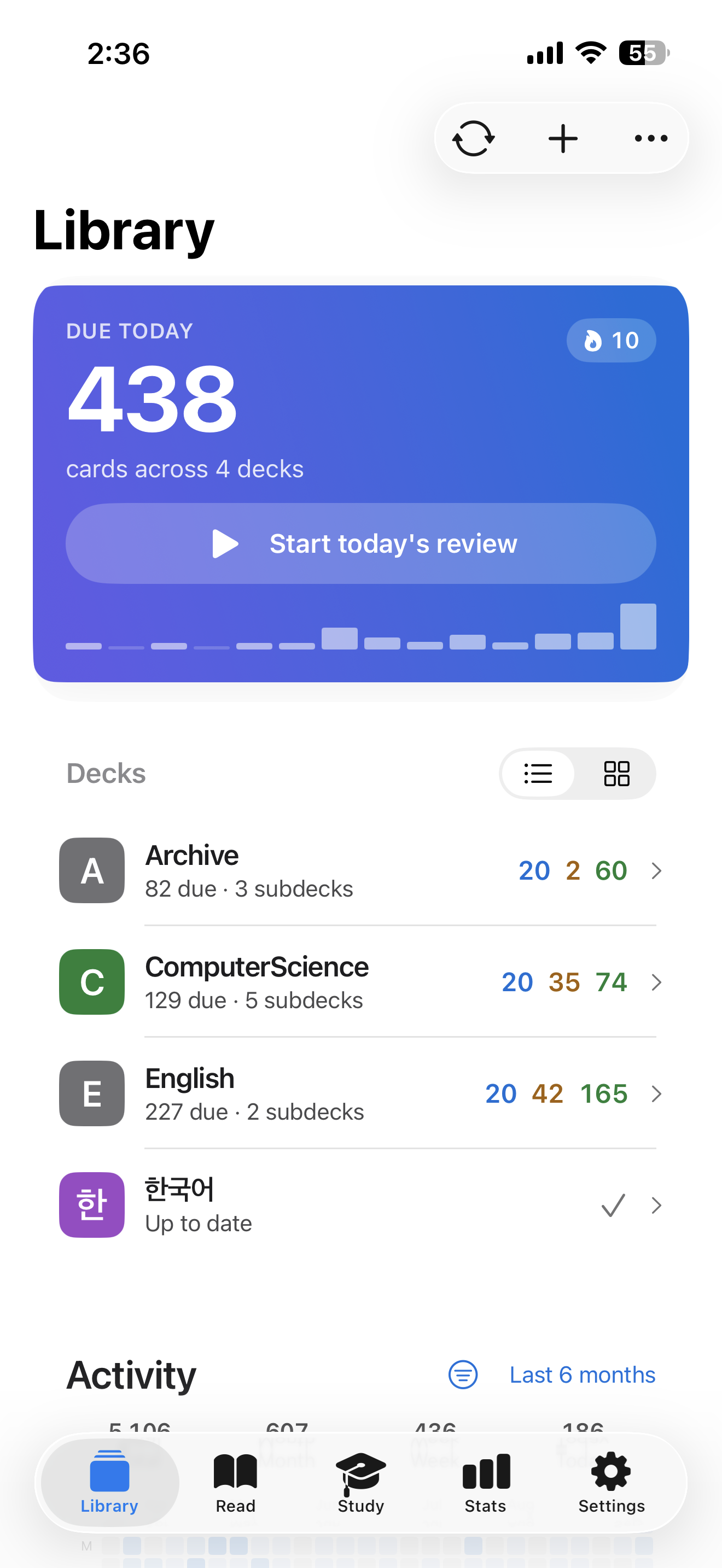 Library — due-today hero card with streak, and the deck tree with per-state counts