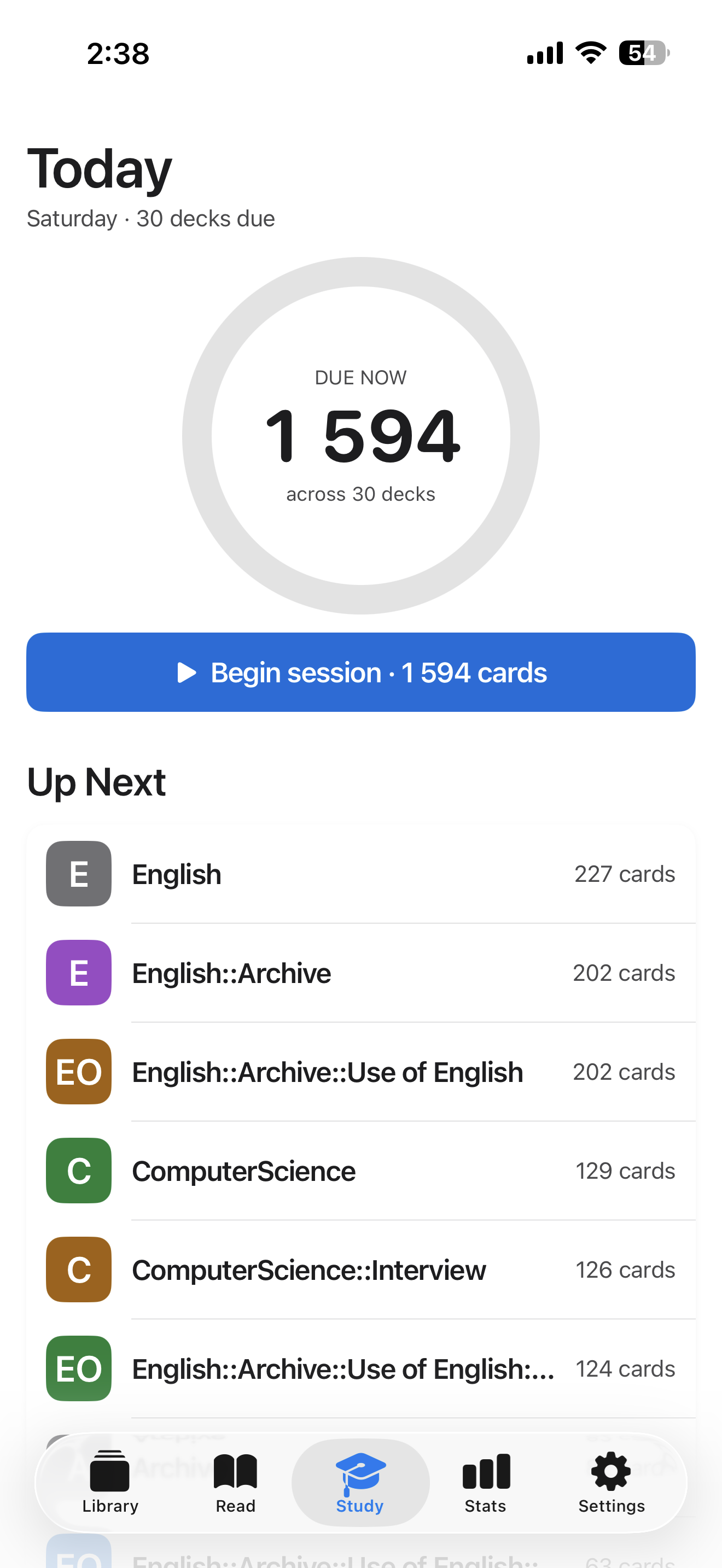 Study — today's queue across every deck, with an up-next list