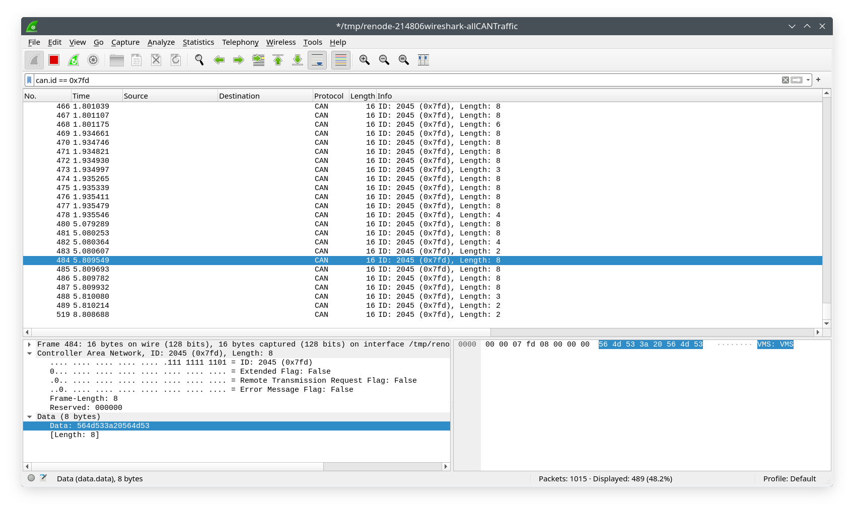 Wireshark showing CAN frames