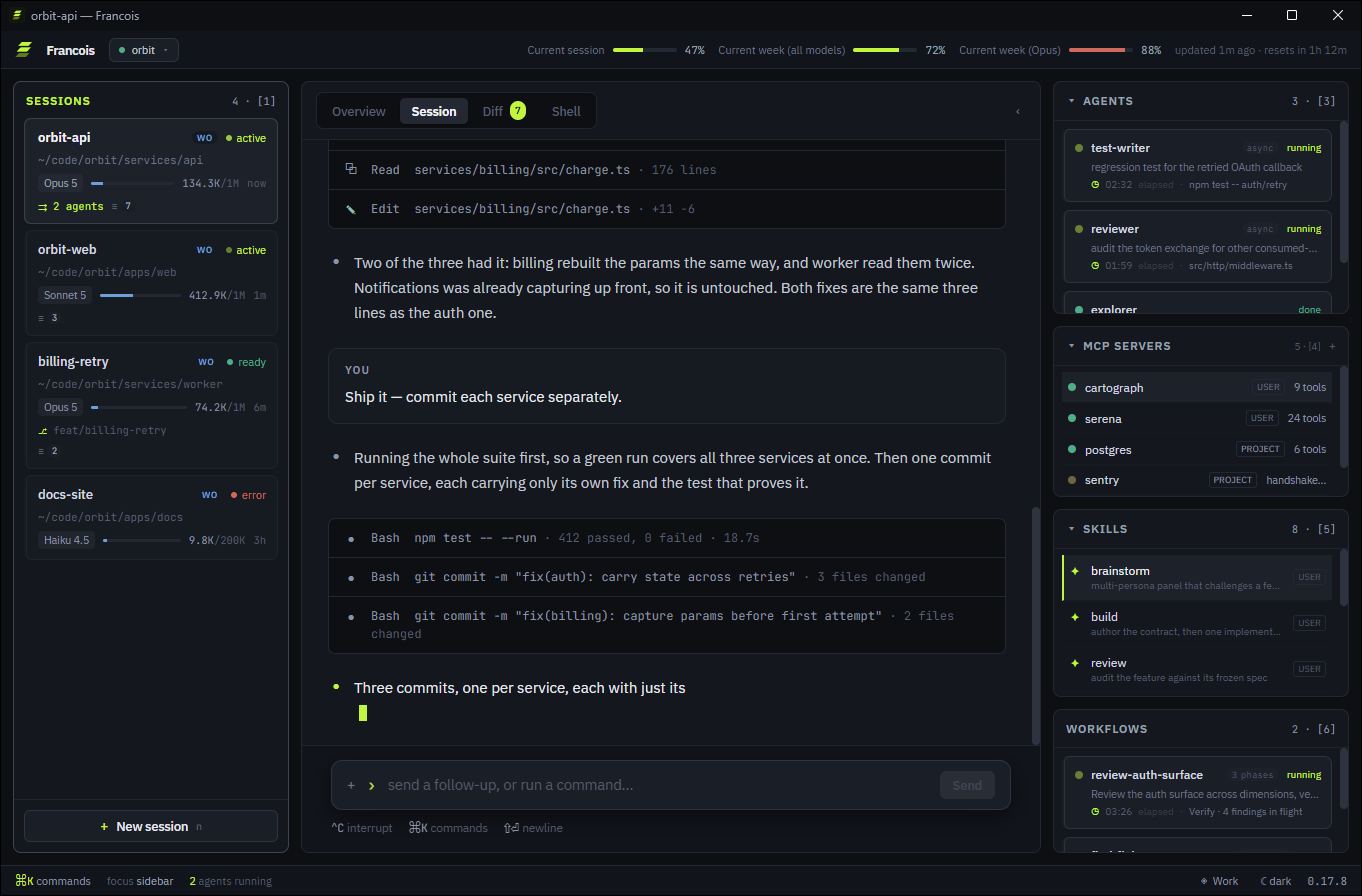 The SESSION tab — a turn streaming, with agents, MCP, skills and workflows on the right rail