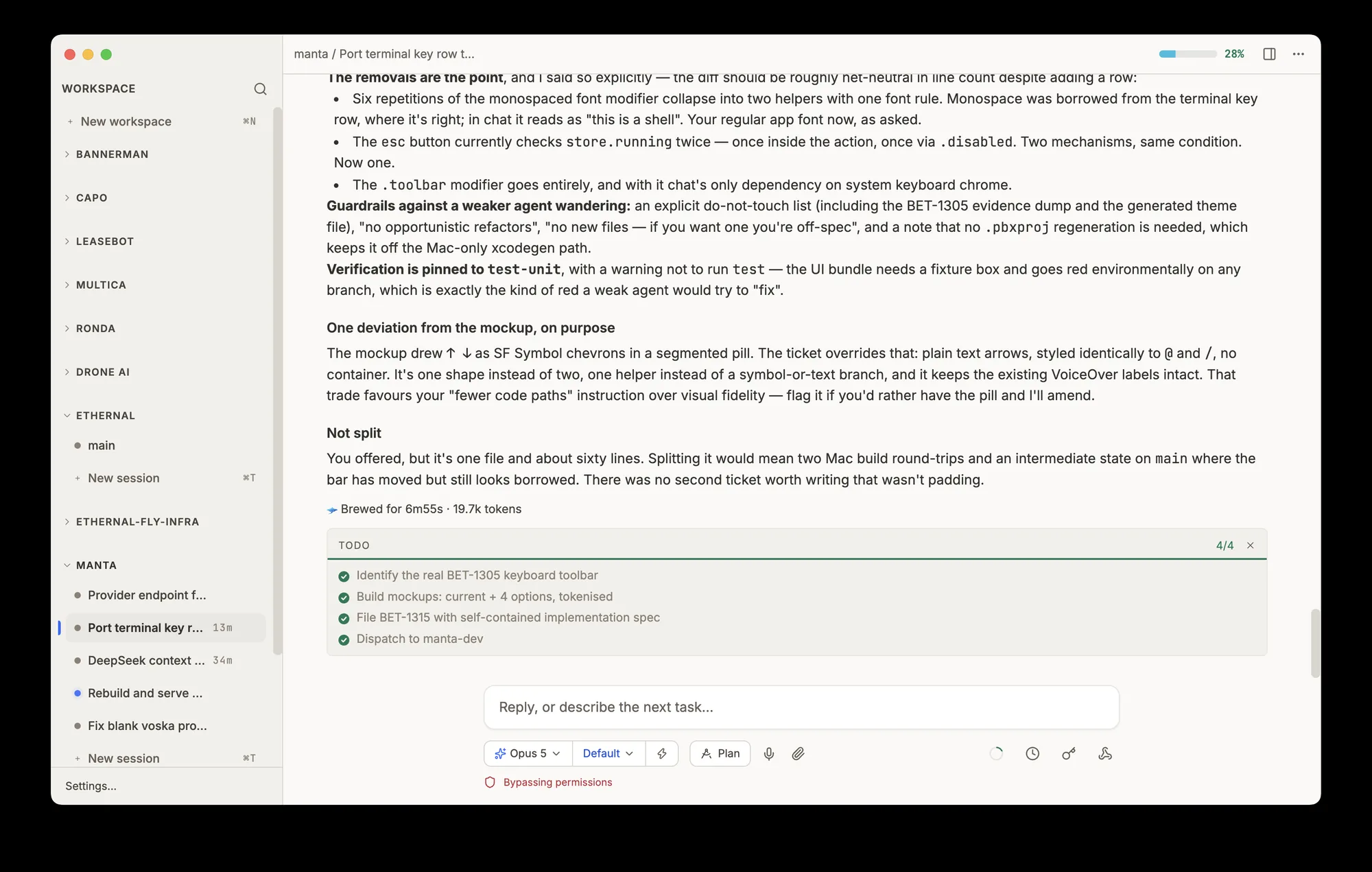 Manta desktop: workspace sidebar on the left, a live agent session with its plan and checklist on the right