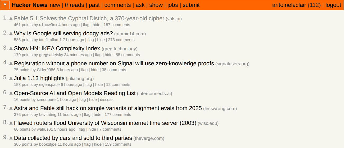 Greg's face sweeping across the Hacker News front page, revealing Greg badges in its wake