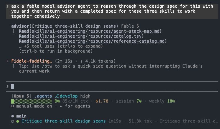 The advisor subagent grounding itself in the ai-engineering corpus.