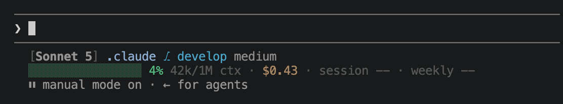 Status line on a cheap session: Sonnet 5 at medium effort, 42k of context, $0.43 spent, neither rate limit registering yet.