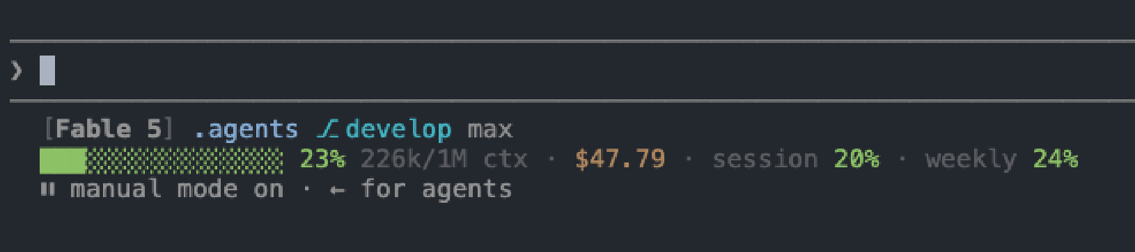 Status line on an expensive session: Fable 5 at max effort, 226k of context, $47.79 spent, session 20% and weekly 24%.