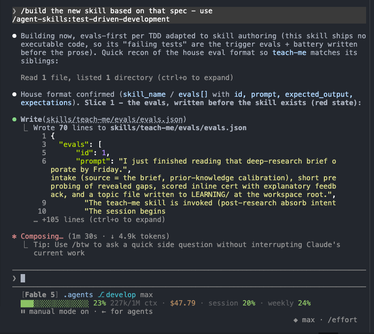 Trigger evals written before the skill prose exists.