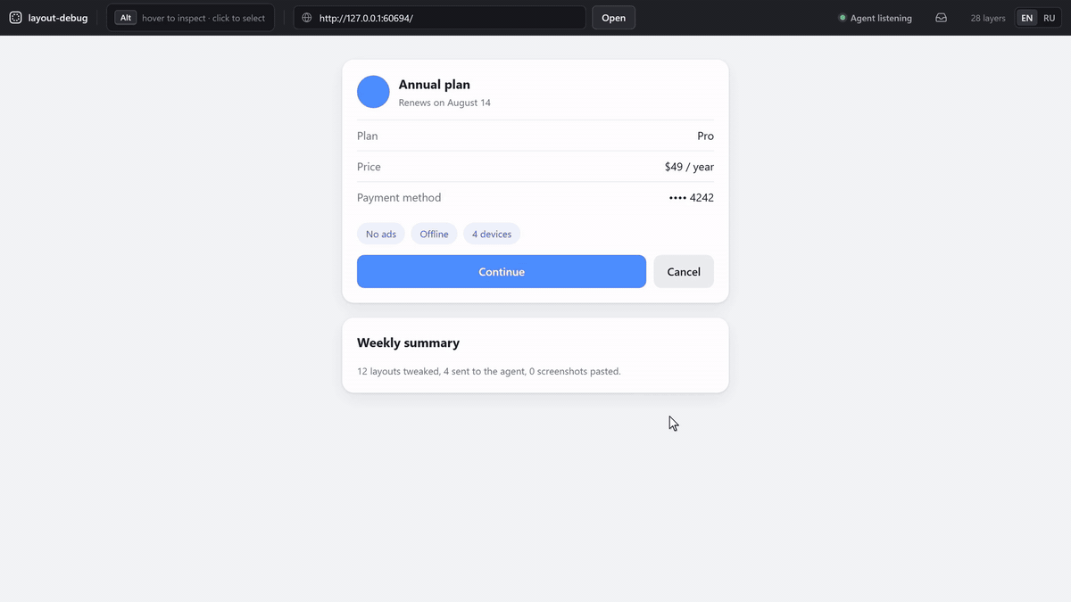 layout-debug-mcp: select a button, write to your agent in the element chat, the agent edits the code and replies in the same chat, the frame refreshes with the change