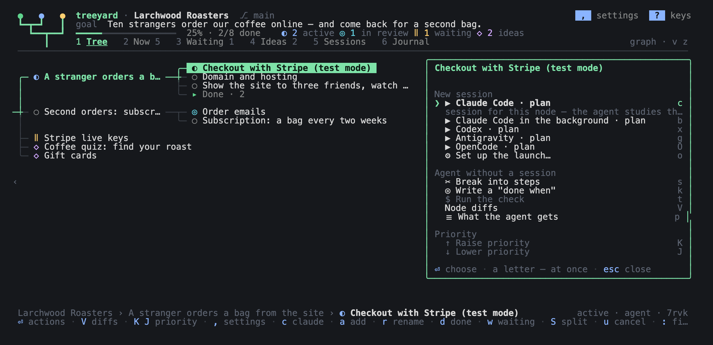 Enter on a node: a menu with a new session — Claude Code, Claude Code in the background, Codex, Antigravity, OpenCode, set up the launch — and agent tasks without a session: break into steps, write a “done when”, run the check, node diffs, what the agent gets