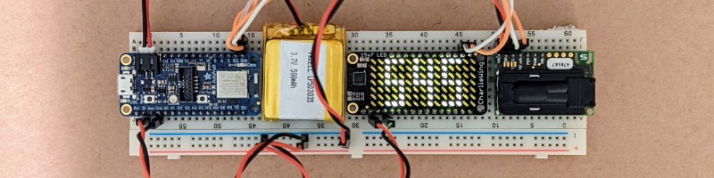 photo of SCD30 sensor and led matrix showing CO2 reading