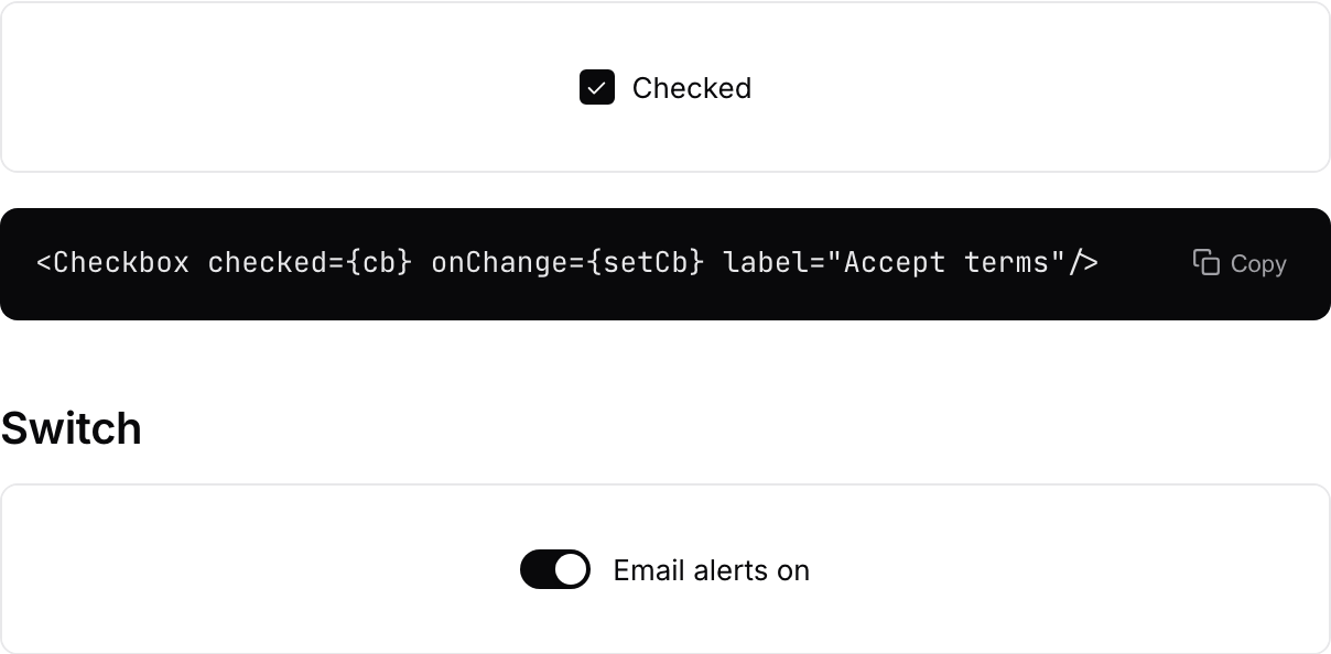 Monoset Checkbox in checked state next to a Switch in the on state
