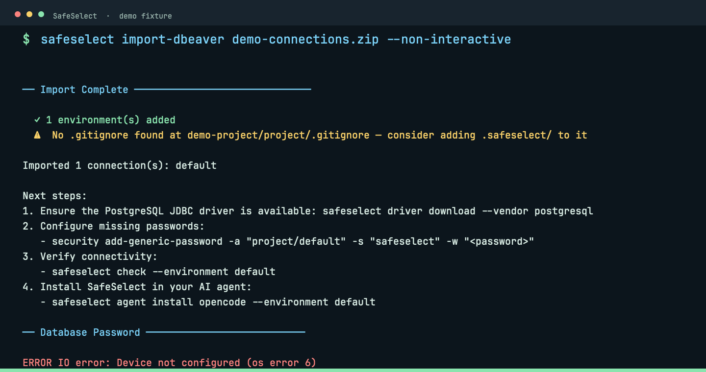 Terminal capture for safeselect import-dbeaver <zip>