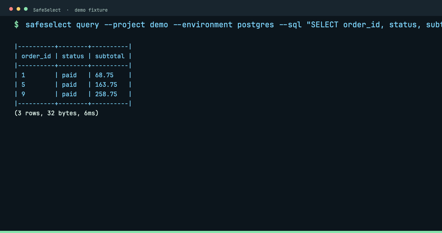 Terminal capture for safeselect query --sql <SQL>