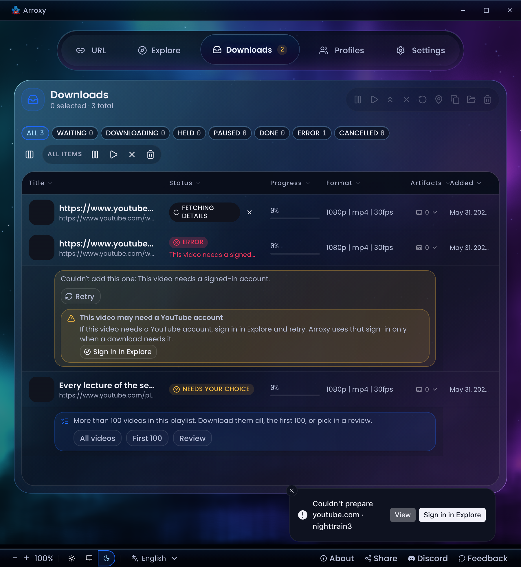 Arroxy — Downloads with a link preparing, a failed link offering Sign in in Explore, and a playlist waiting for a choice