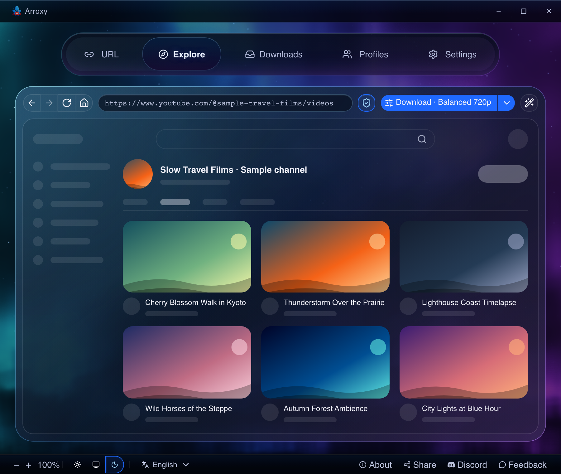 Arroxy — Explore tab browsing a video page, with the Download button for the active profile