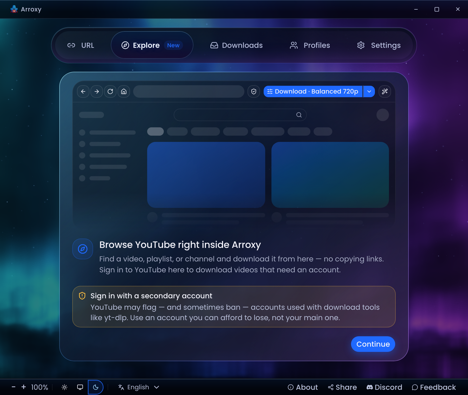 Arroxy — Explore first-run screen recommending a secondary account