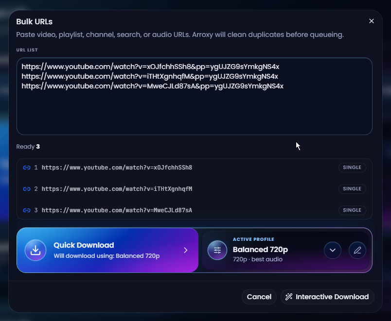 Arroxy — Bulk URL mode