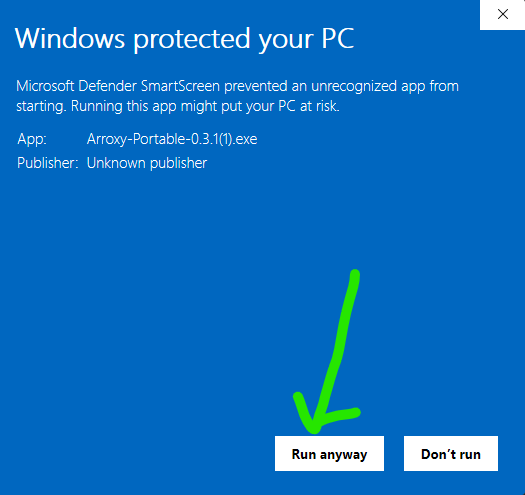 SmartScreen dialog after expanding More info, showing the 