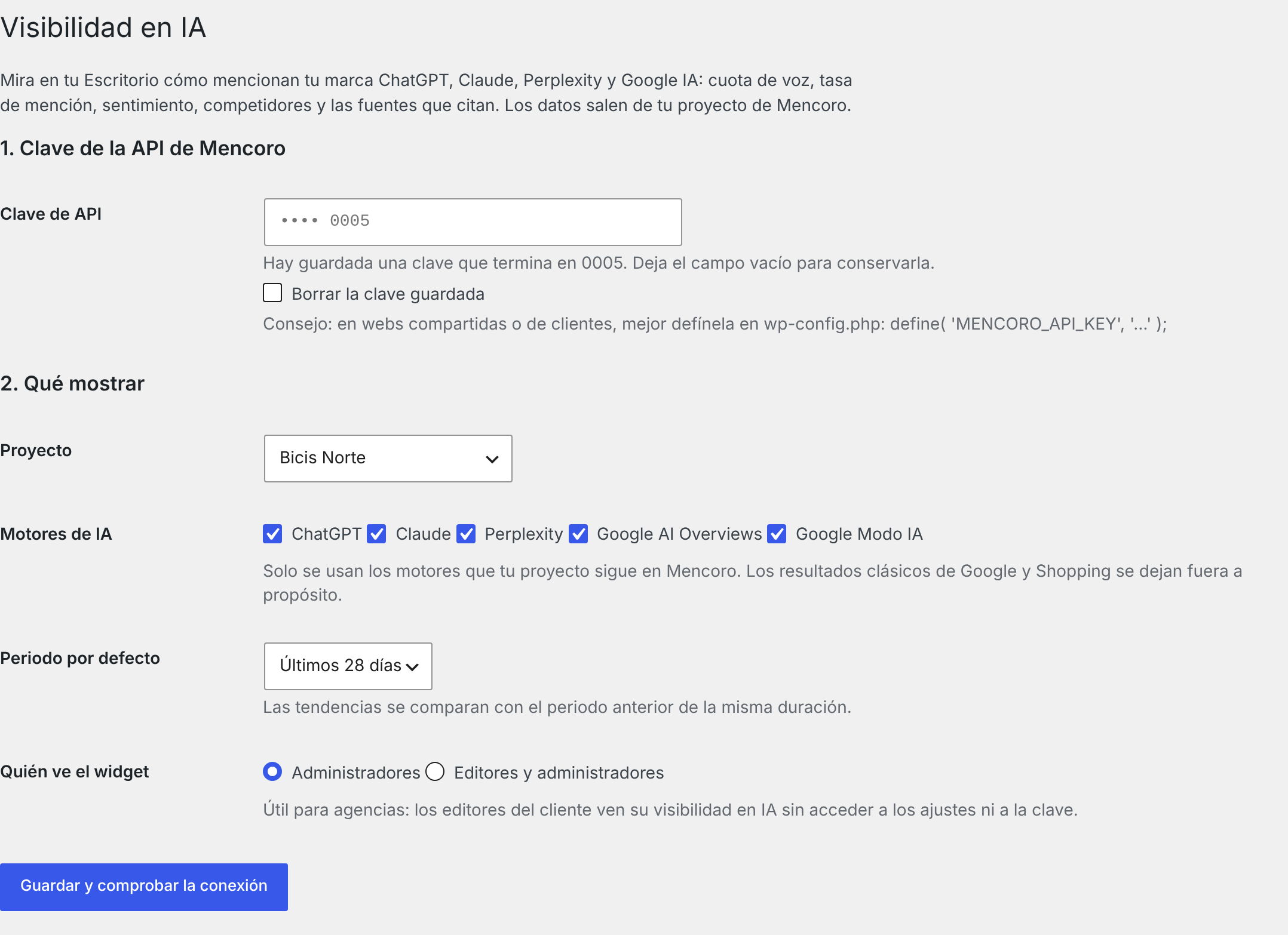 Settings screen: API key, project, AI engines, default period and who sees the widget