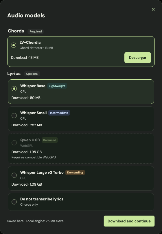 Browser model chooser with download sizes, required chords and optional lyrics