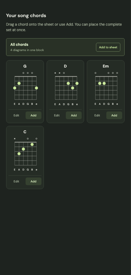 A grid of guitar chord diagrams in the Chords section