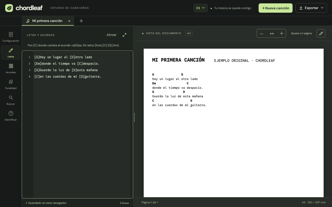 Letra con acordes entre corchetes y su hoja de ejemplo