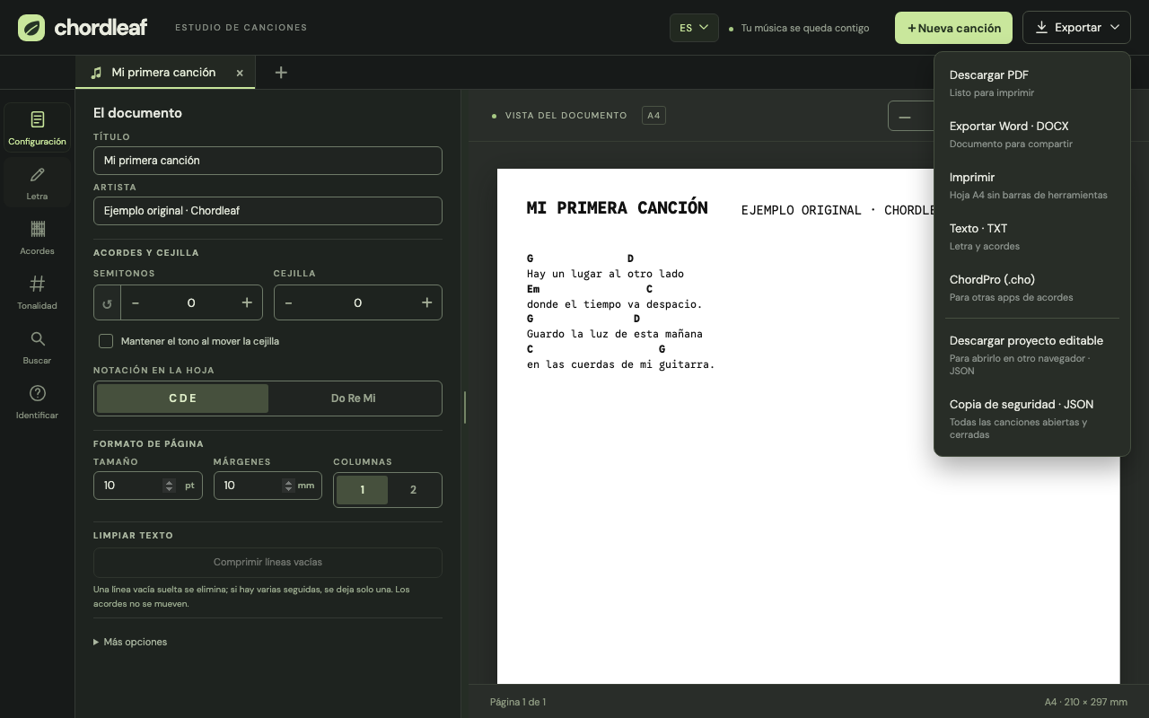 Menú Exportar: PDF para compartir y proyecto editable para continuar