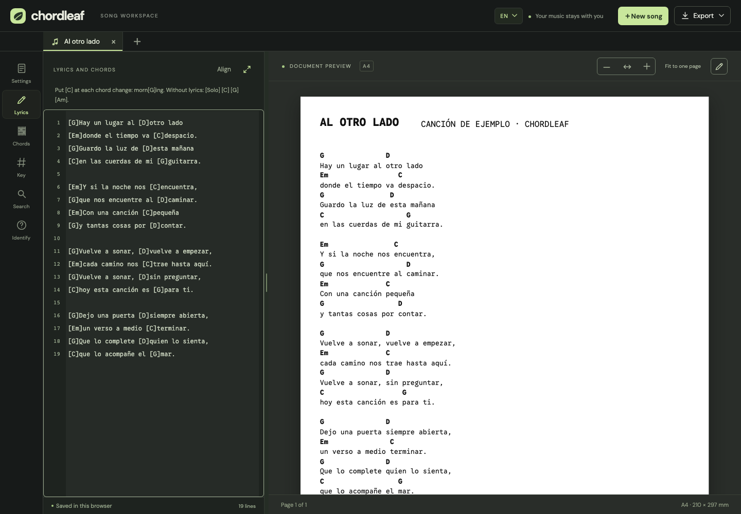The Chordleaf workspace with a song editor and page preview