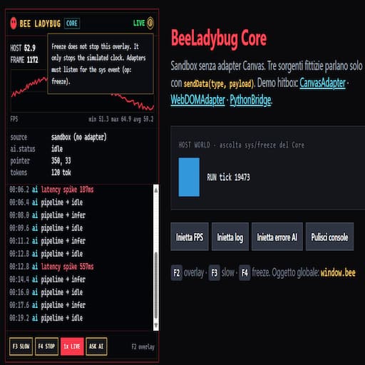 Overlay Core: la ⓘ accanto a LIVE spiega che il freeze ferma solo il clock fittizio