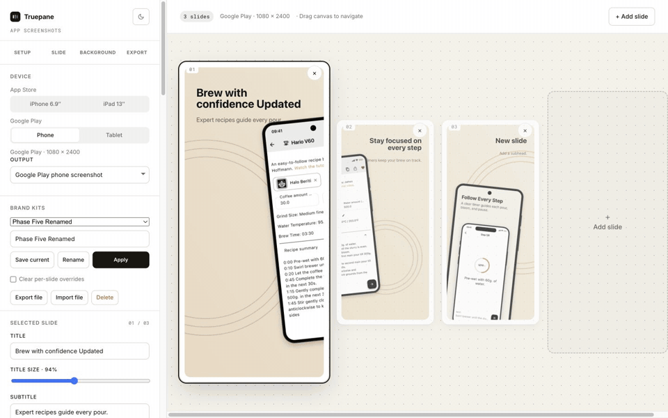 Truepane editor: compose slides, tune the background, and prepare store-ready exports