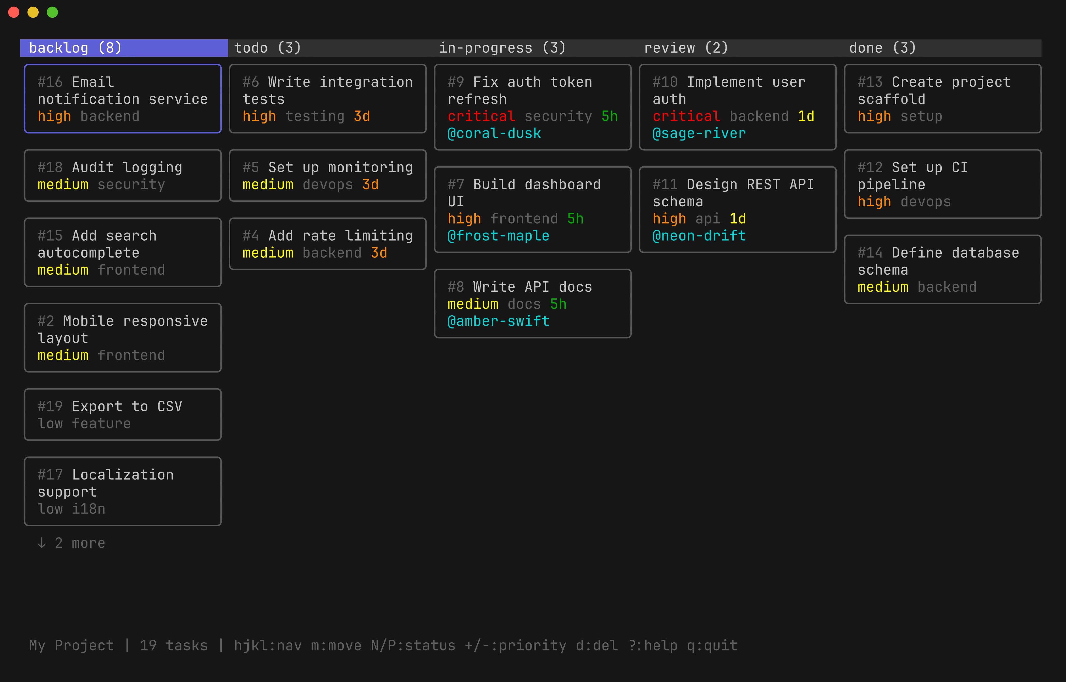 kanban-md tui interactive terminal board showing tasks across status columns with agent claims and age colors