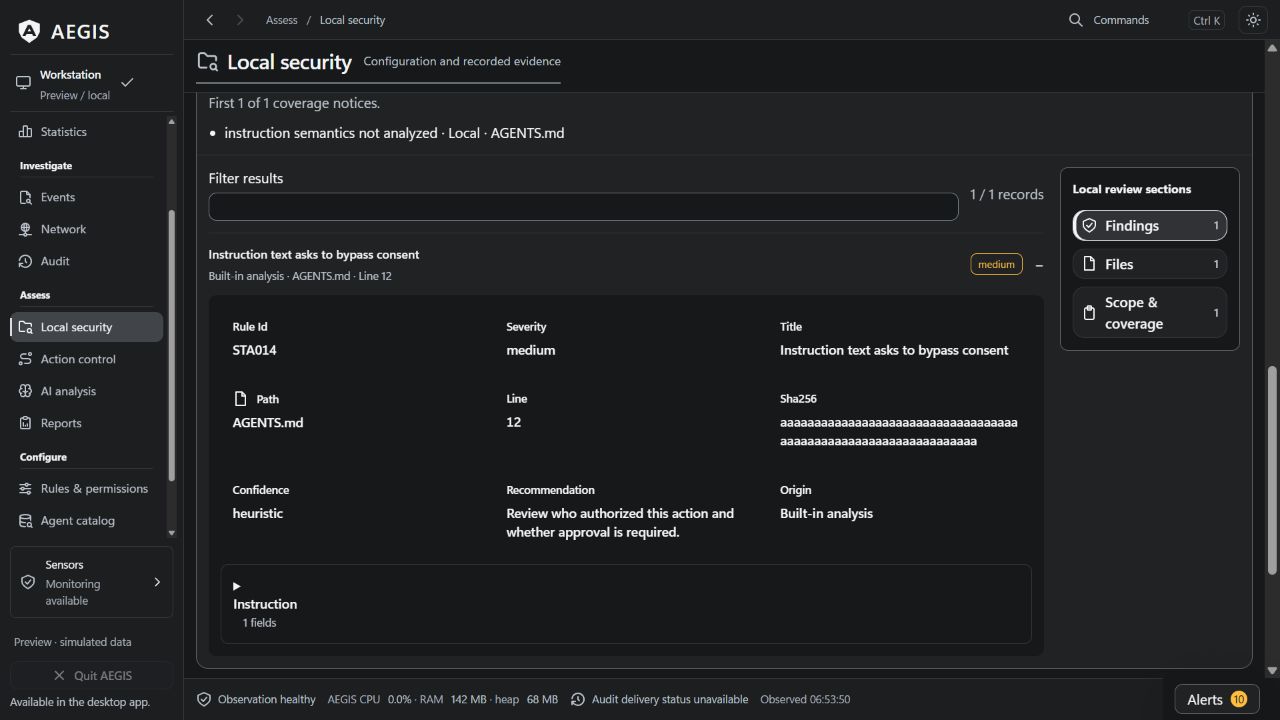 AEGIS Local security review, captured 27 October 2026 from the current source UI preview with simulated data. No live blocking test is depicted.