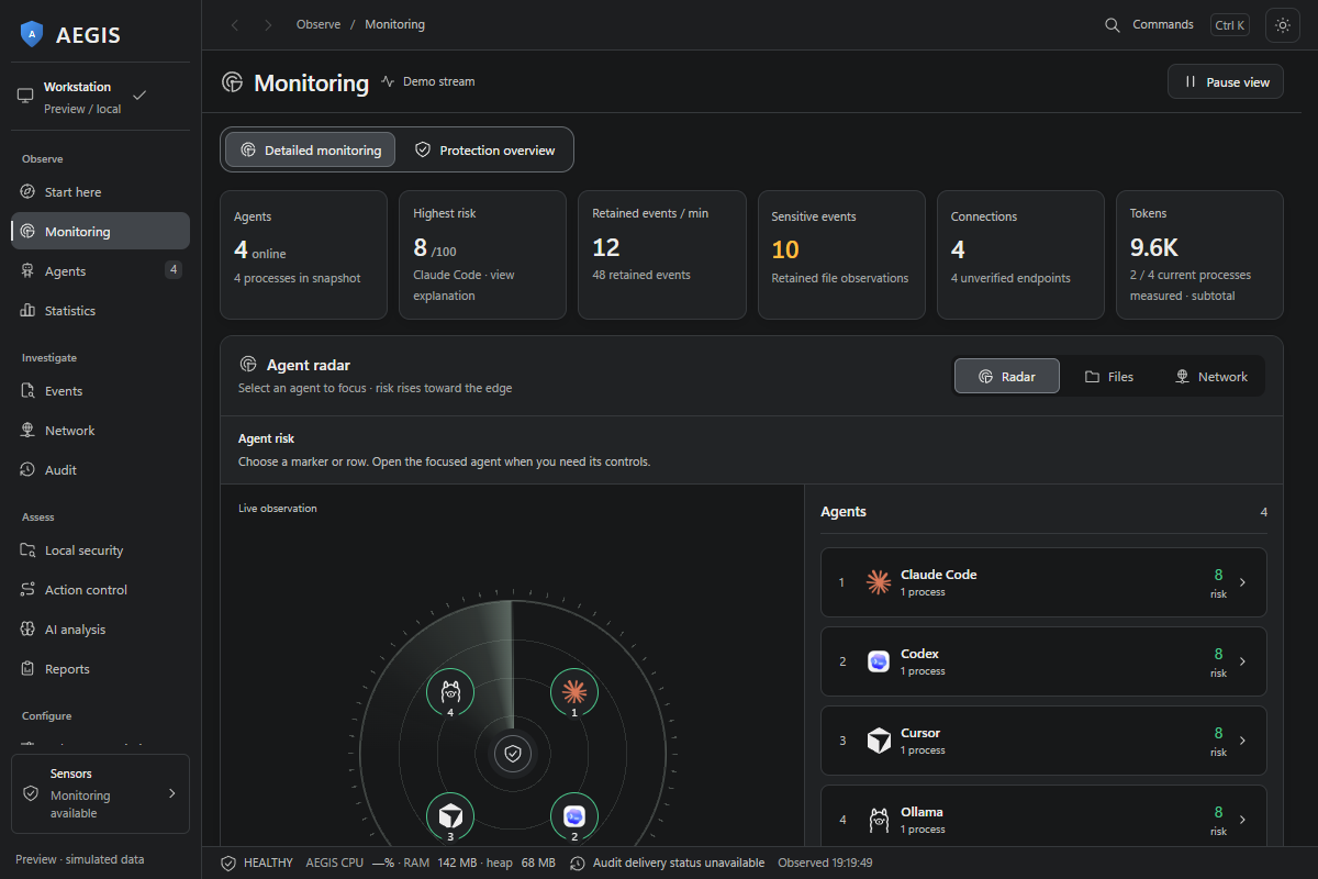 AEGIS Observatory monitoring workspace with simulated agents and an instance radar
