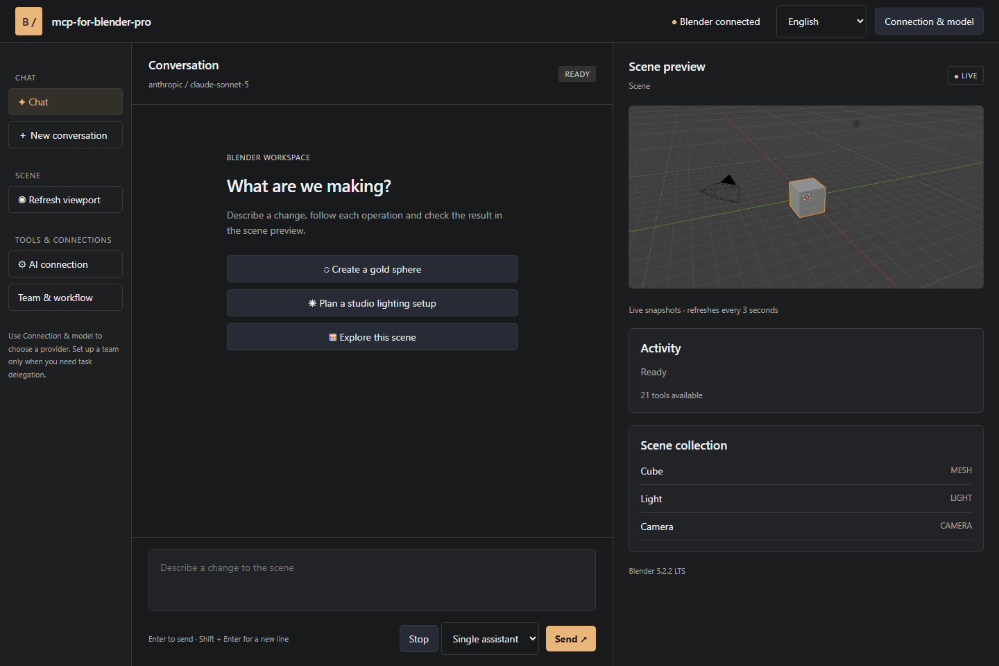 AI chat workspace with a live Blender scene preview