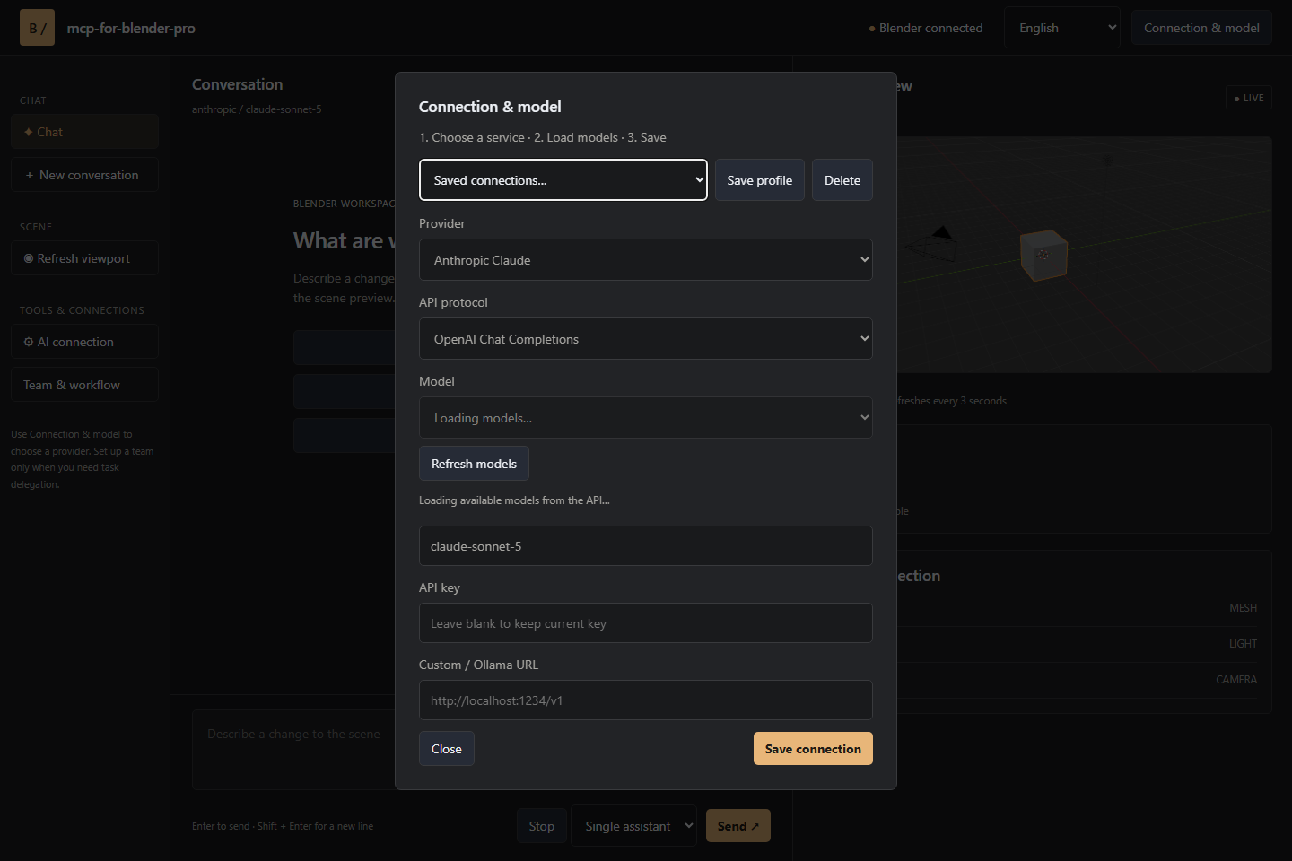 Provider, saved connection and model selection
