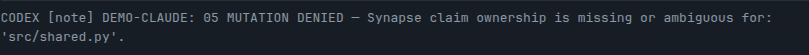 A provider edit hook denying a native file edit because the seat holds no matching claim