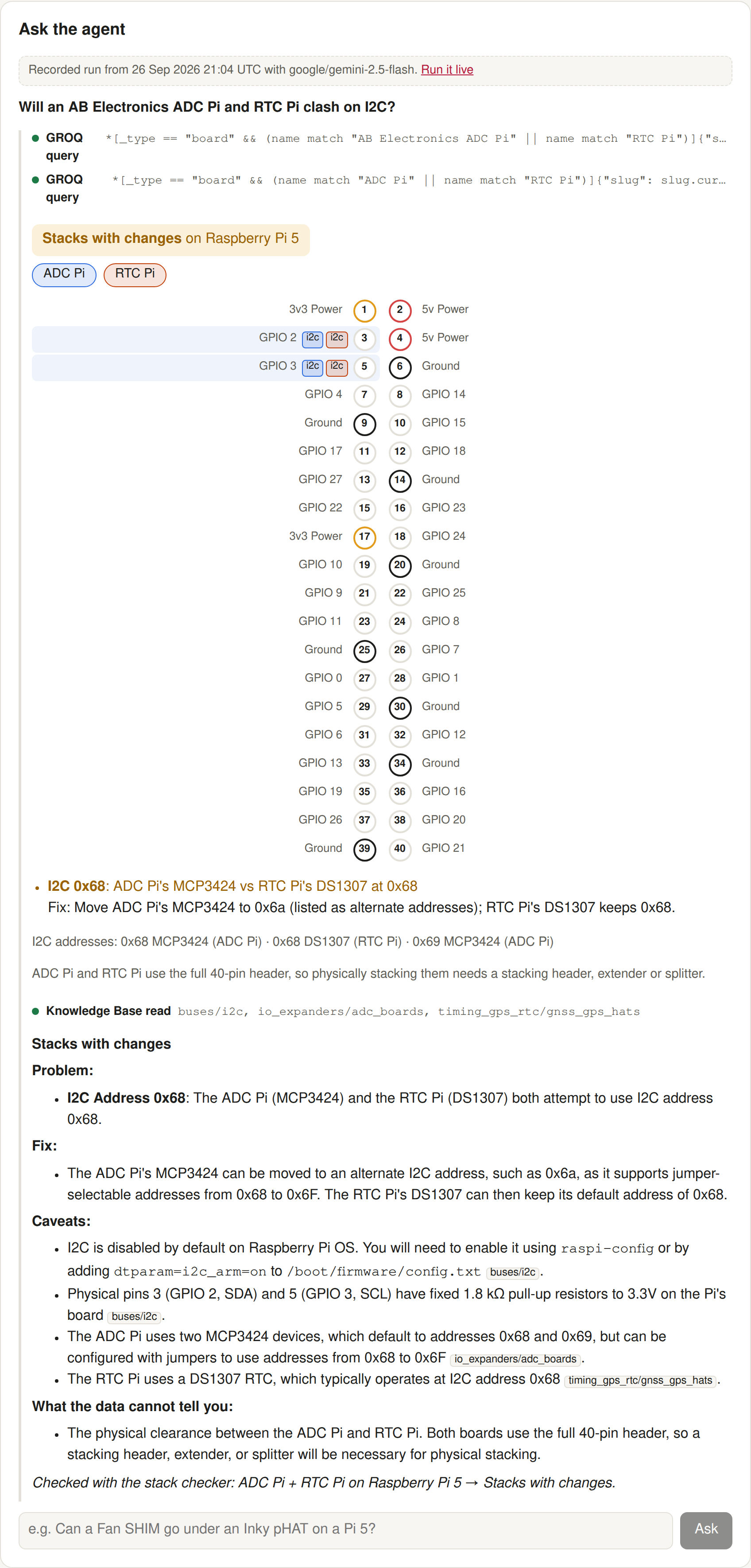 A recorded run: two GROQ queries, the stack check with its header diagram, a Knowledge Base read, and an answer whose citations are all entries it read