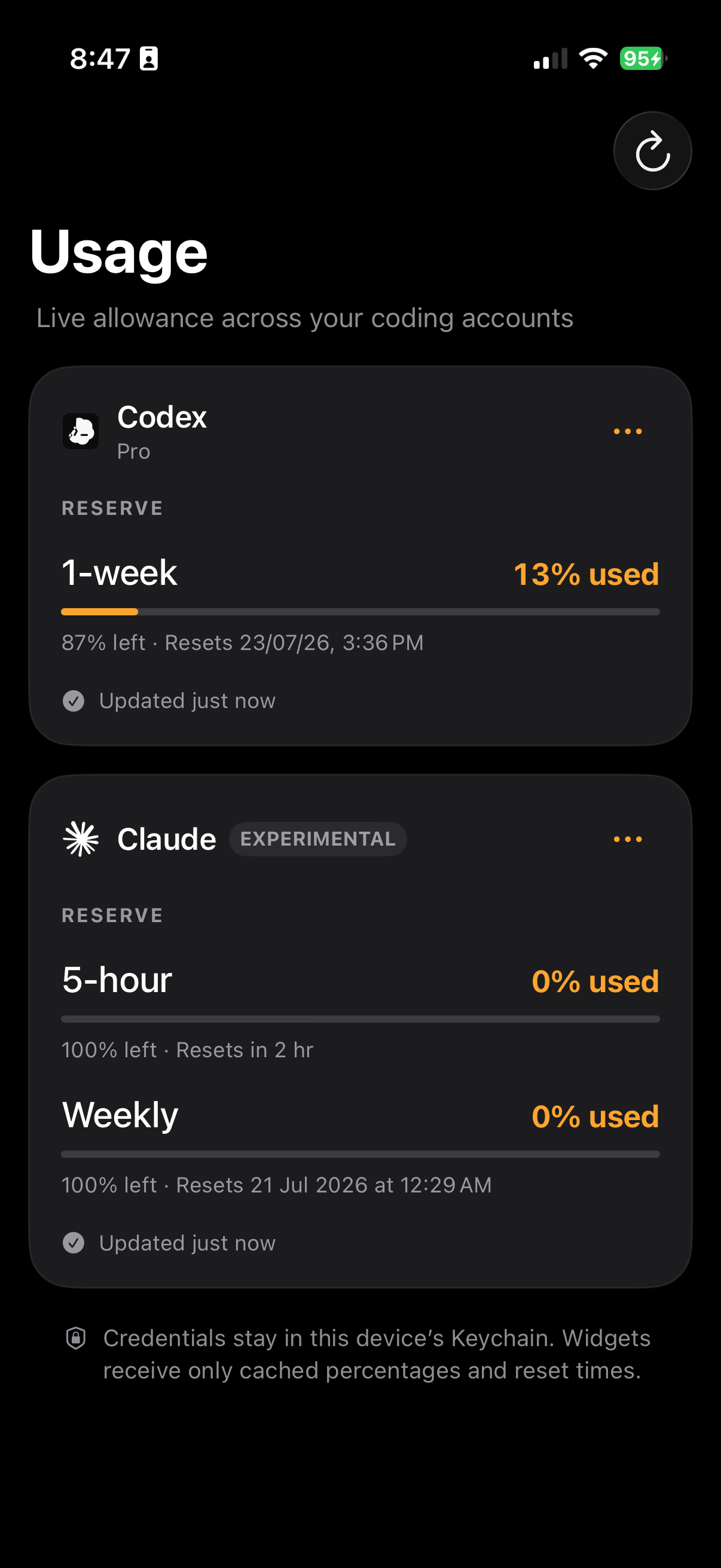 TokenMaxxing usage dashboard showing Codex and Claude allowance